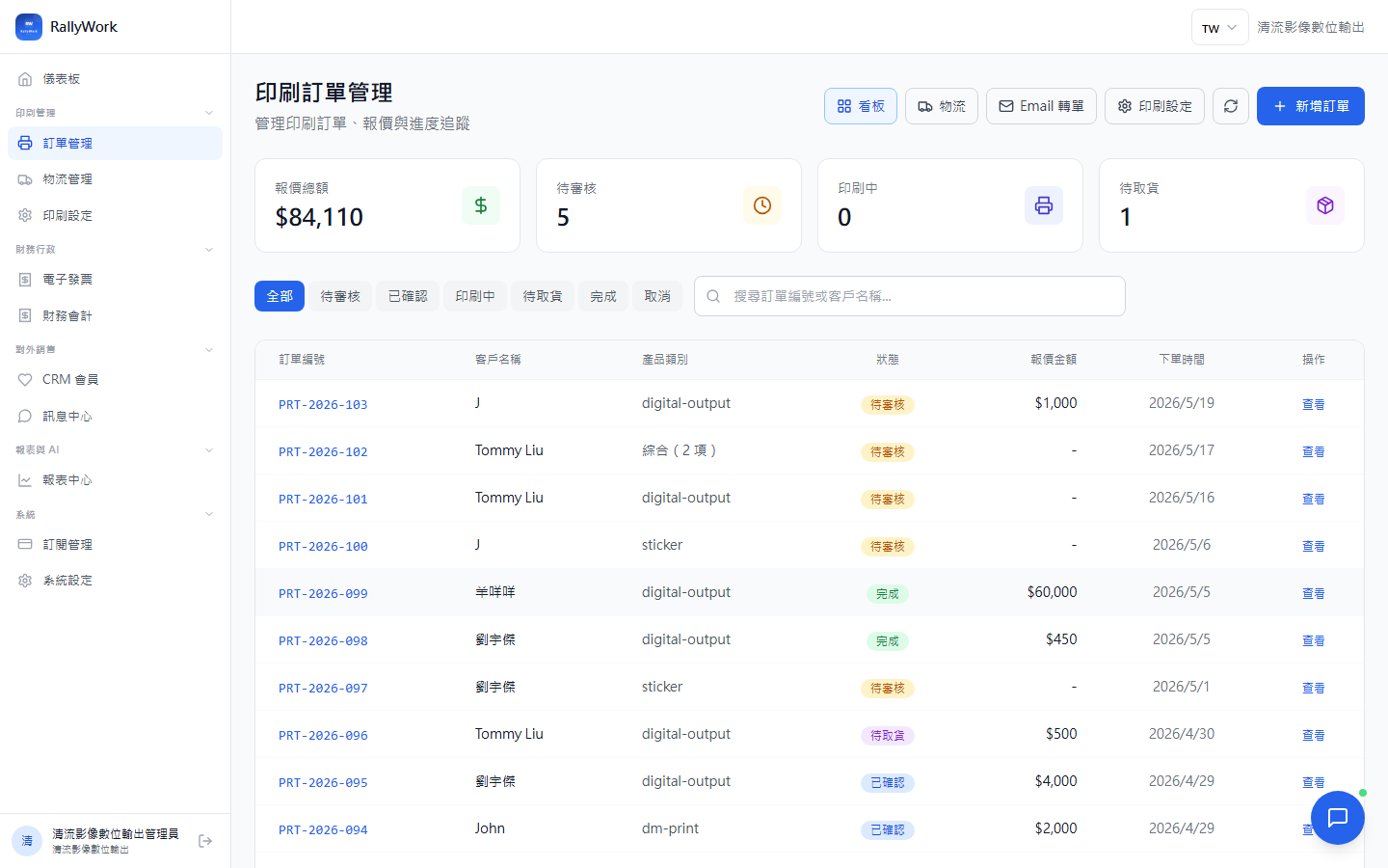 印刷訂單管理:報價 → 確認 → 印刷中 → 待取貨四階段串成一條鏈(含真實訂單 PRT-2026-095 至 103)