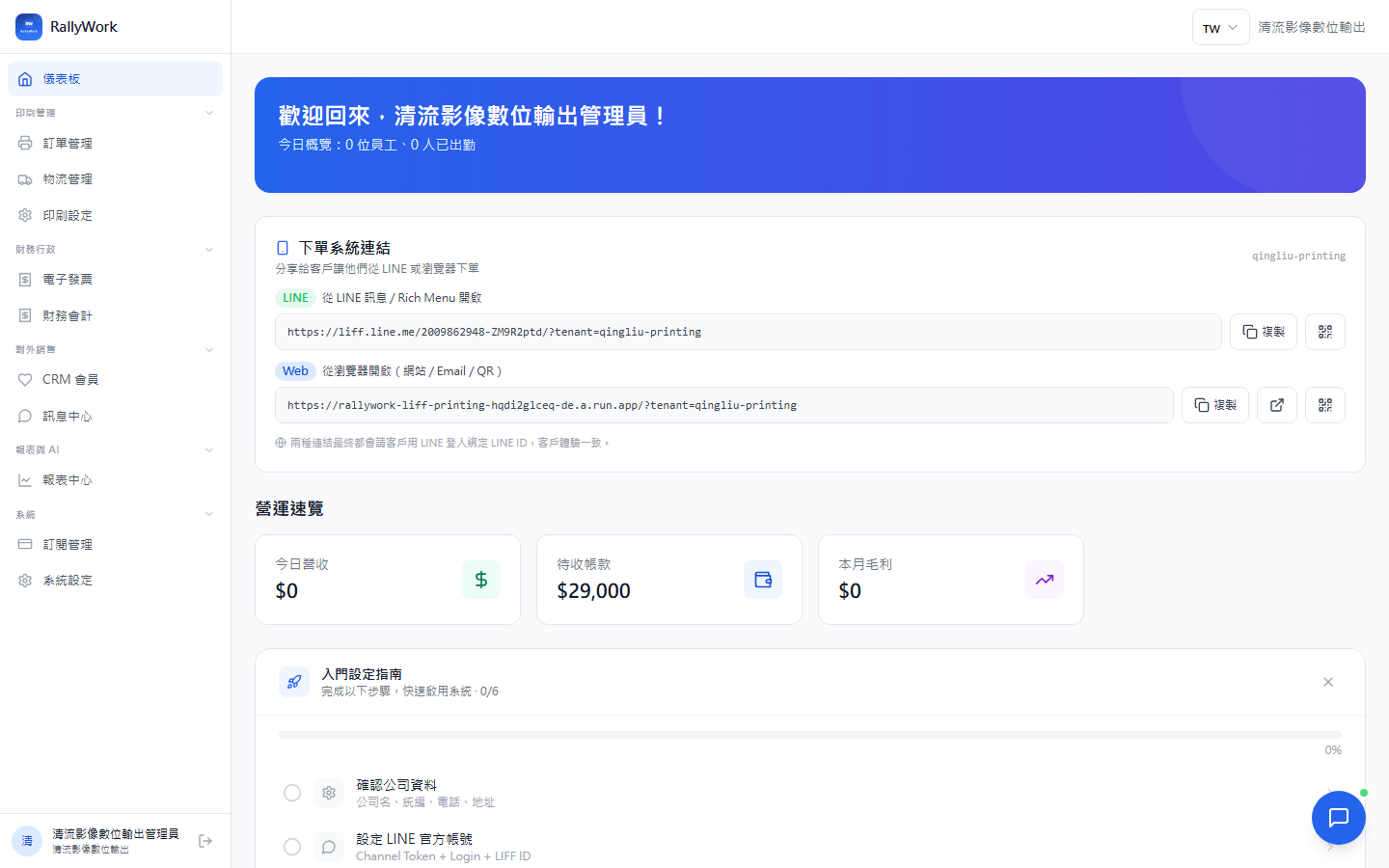 管理員 dashboard:營運總覽、下單系統連結(LINE / Web 雙通道)、入門設定 6 步指南