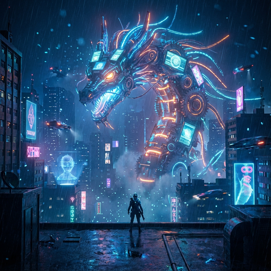 Cyberpunk Warrior vs AI Dragon
