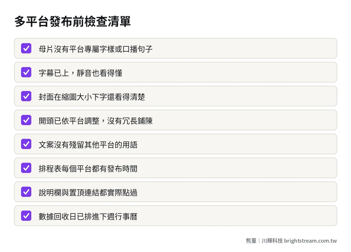 多平台發布前檢查清單:母片、封面、開頭、文案、排程、連結的確認重點