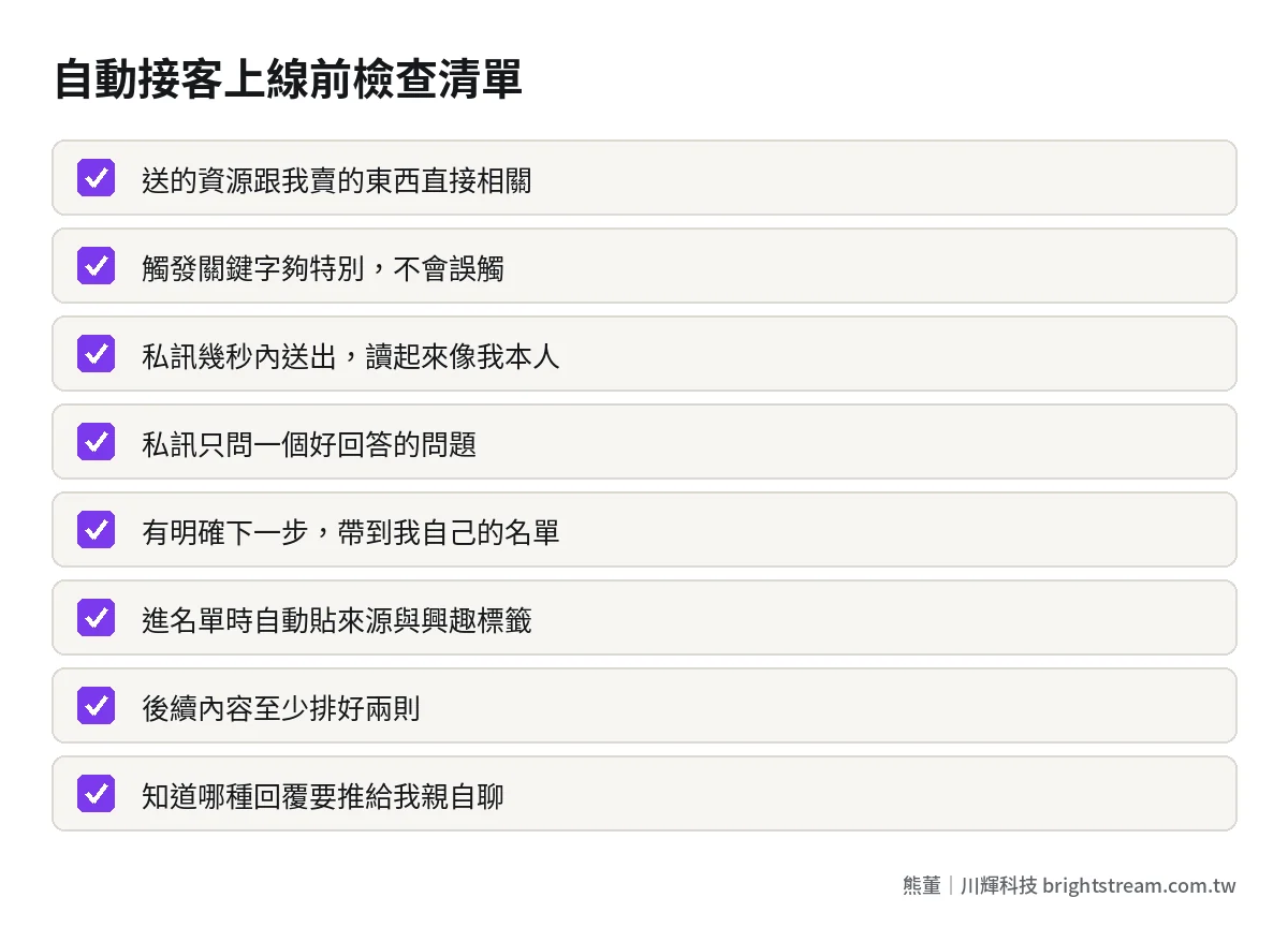 一人公司自動接客上線前檢查清單:資源相關、關鍵字、私訊語氣、名單與標籤、後續跟進