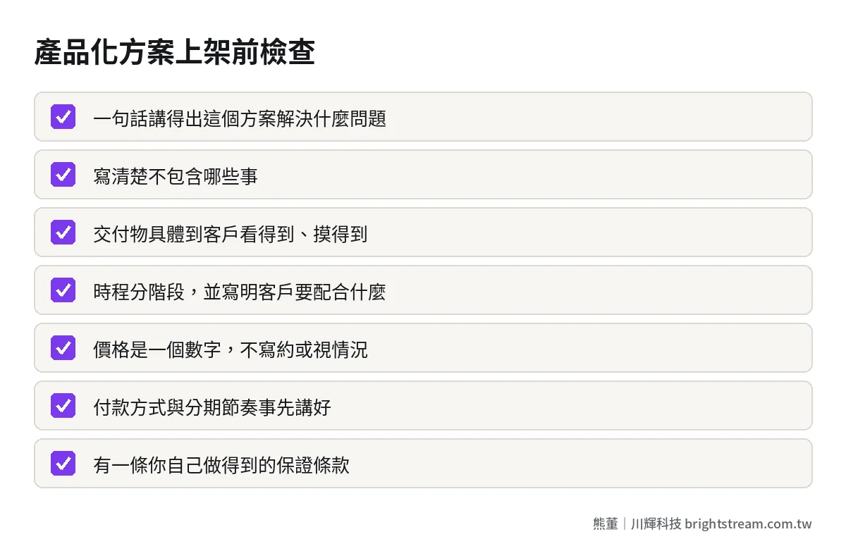 個人服務定價產品化上架前檢查清單:範圍、不包含項目、交付物、時程、價格、付款方式、保證條款